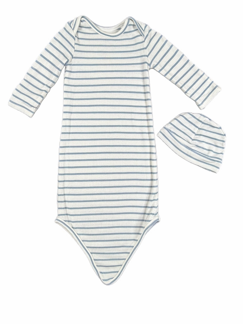 ANGEL DEAR French Dusty Blue Stripe Ribbed Bamboo Knot Gown and Hat - 0-3M
